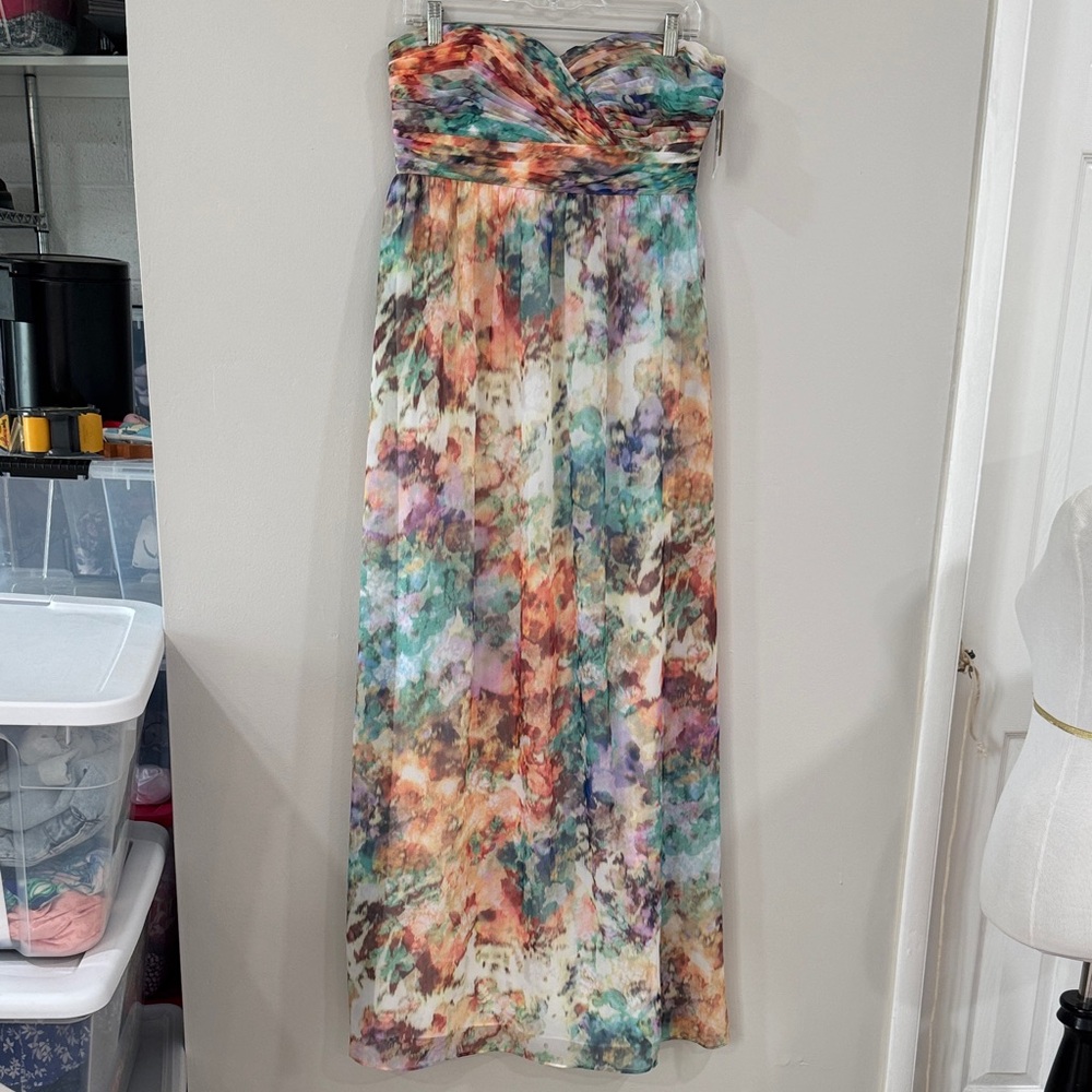 NWT Aidan Mattox Strapless Floral Watercolor chiffon formal Maxi Dress wedding - Picture 2 of 9